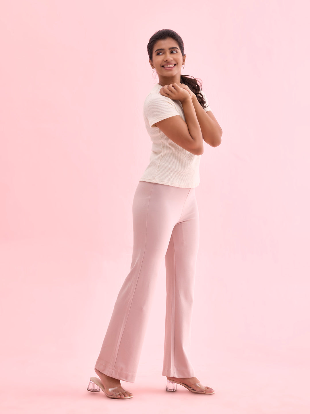 Women Solid Baby Pink High Rise Ponte Bell Bottoms