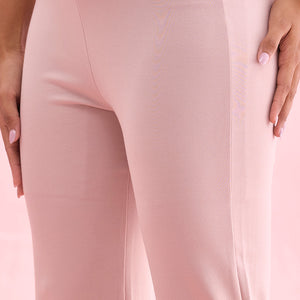 Women Solid Baby Pink High Rise Ponte Bell Bottoms