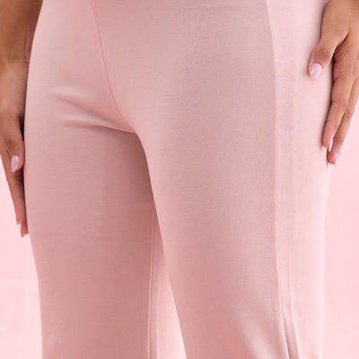 Women Solid Baby Pink High Rise Ponte Bell Bottoms