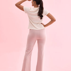Women Solid Baby Pink High Rise Ponte Bell Bottoms