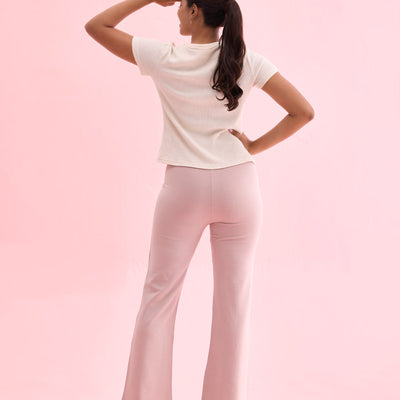 Women Solid Baby Pink High Rise Ponte Bell Bottoms