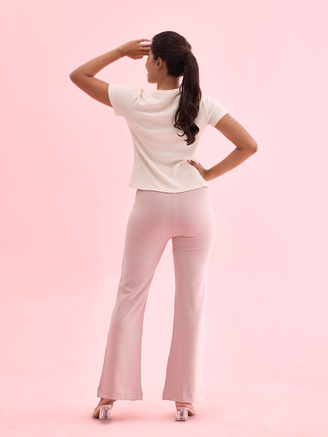 Women Solid Baby Pink High Rise Ponte Bell Bottoms