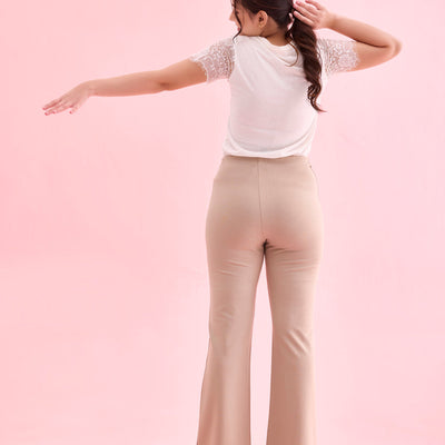 Women Solid Beige High Rise Ponte Bell Bottoms