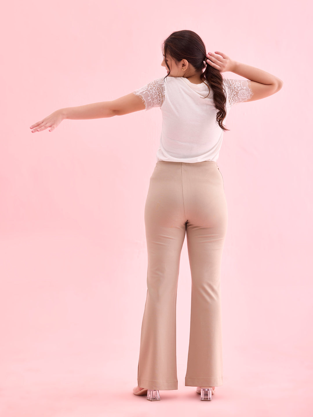 Women Solid Beige High Rise Ponte Bell Bottoms