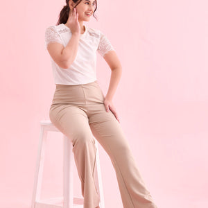 Women Solid Beige High Rise Ponte Bell Bottoms