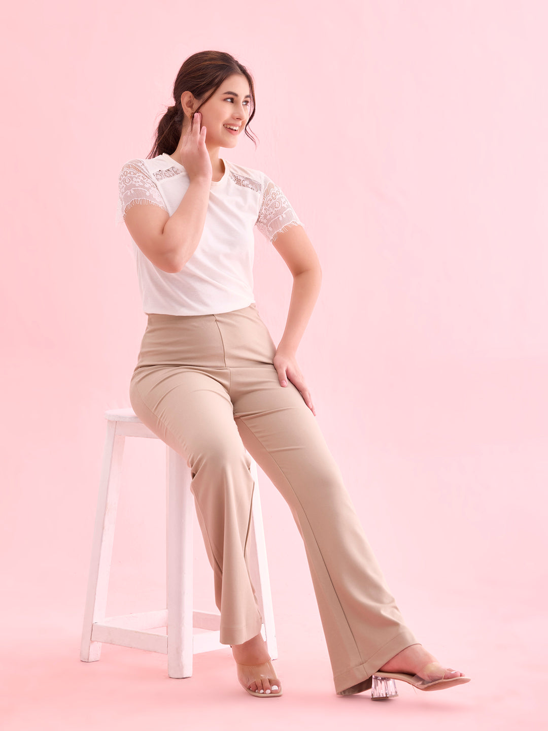 Women Solid Beige High Rise Ponte Bell Bottoms