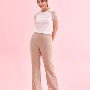 Women Solid Beige High Rise Ponte Bell Bottoms