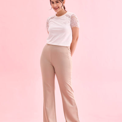 Women Solid Beige High Rise Ponte Bell Bottoms
