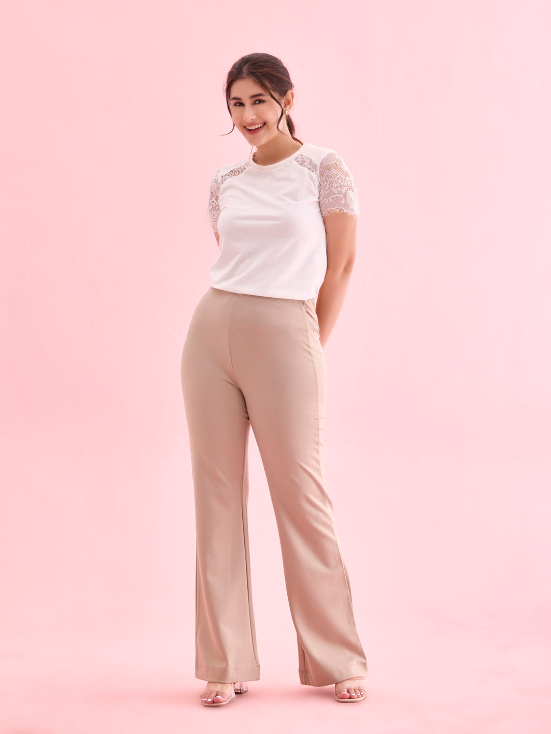 Women Solid Beige High Rise Ponte Bell Bottoms