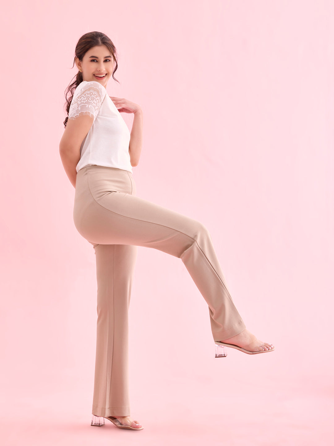 Women Solid Beige High Rise Ponte Bell Bottoms