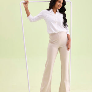 Women Solid Cream High Rise Ponte Bell Bottoms