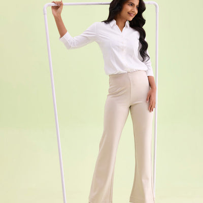 Women Solid Cream High Rise Ponte Bell Bottoms