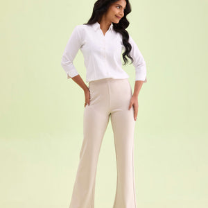 Women Solid Cream High Rise Ponte Bell Bottoms