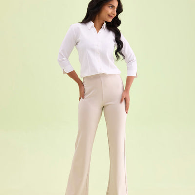 Women Solid Cream High Rise Ponte Bell Bottoms