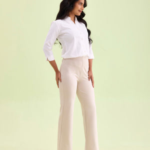 Women Solid Cream High Rise Ponte Bell Bottoms