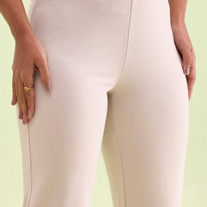 Women Solid Cream High Rise Ponte Bell Bottoms