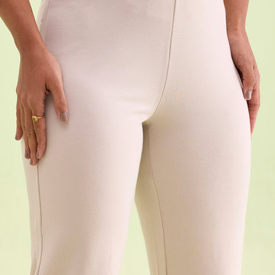 Women Solid Cream High Rise Ponte Bell Bottoms