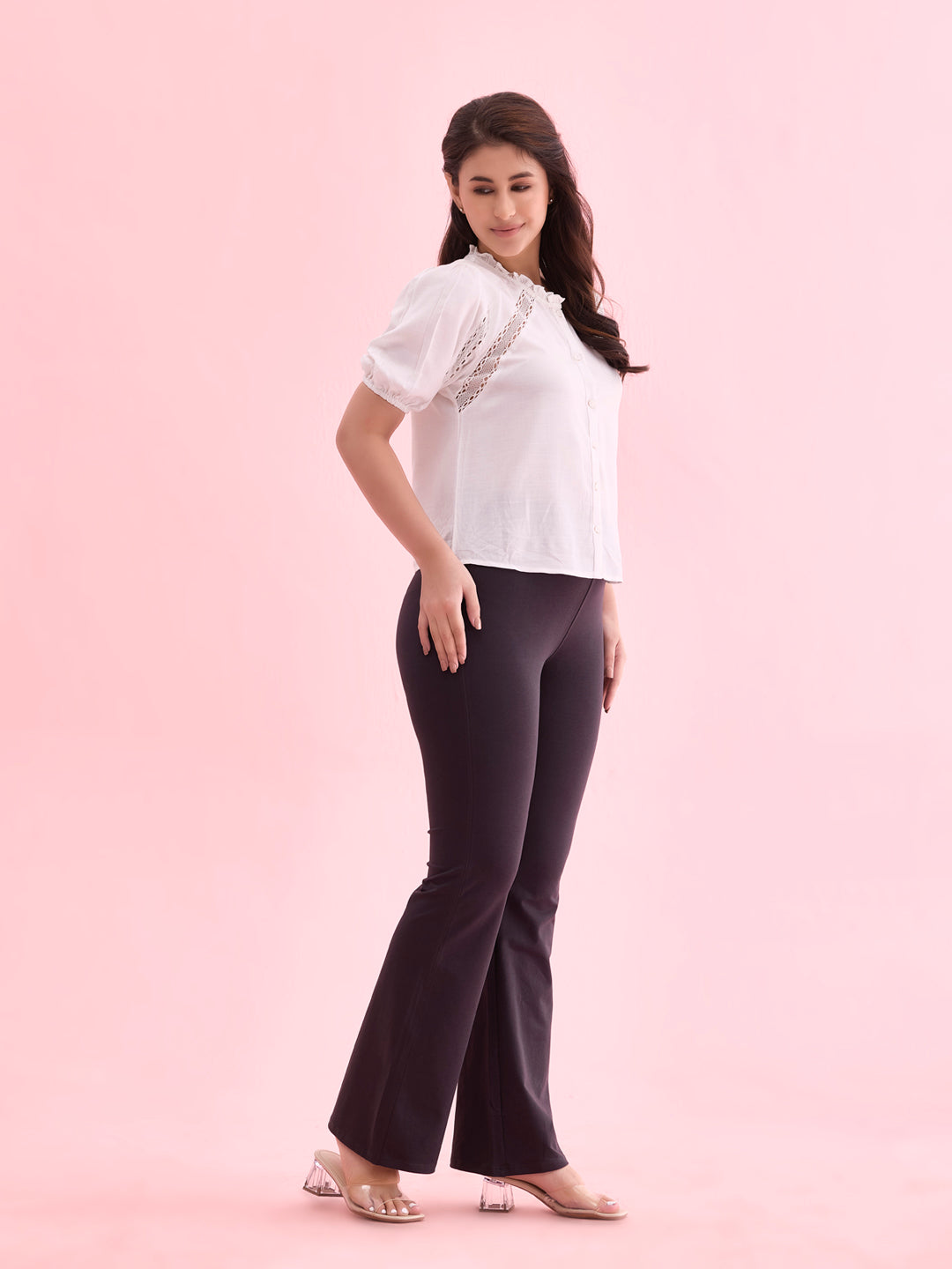 Women Solid Dark Grey High Rise Flare Pants