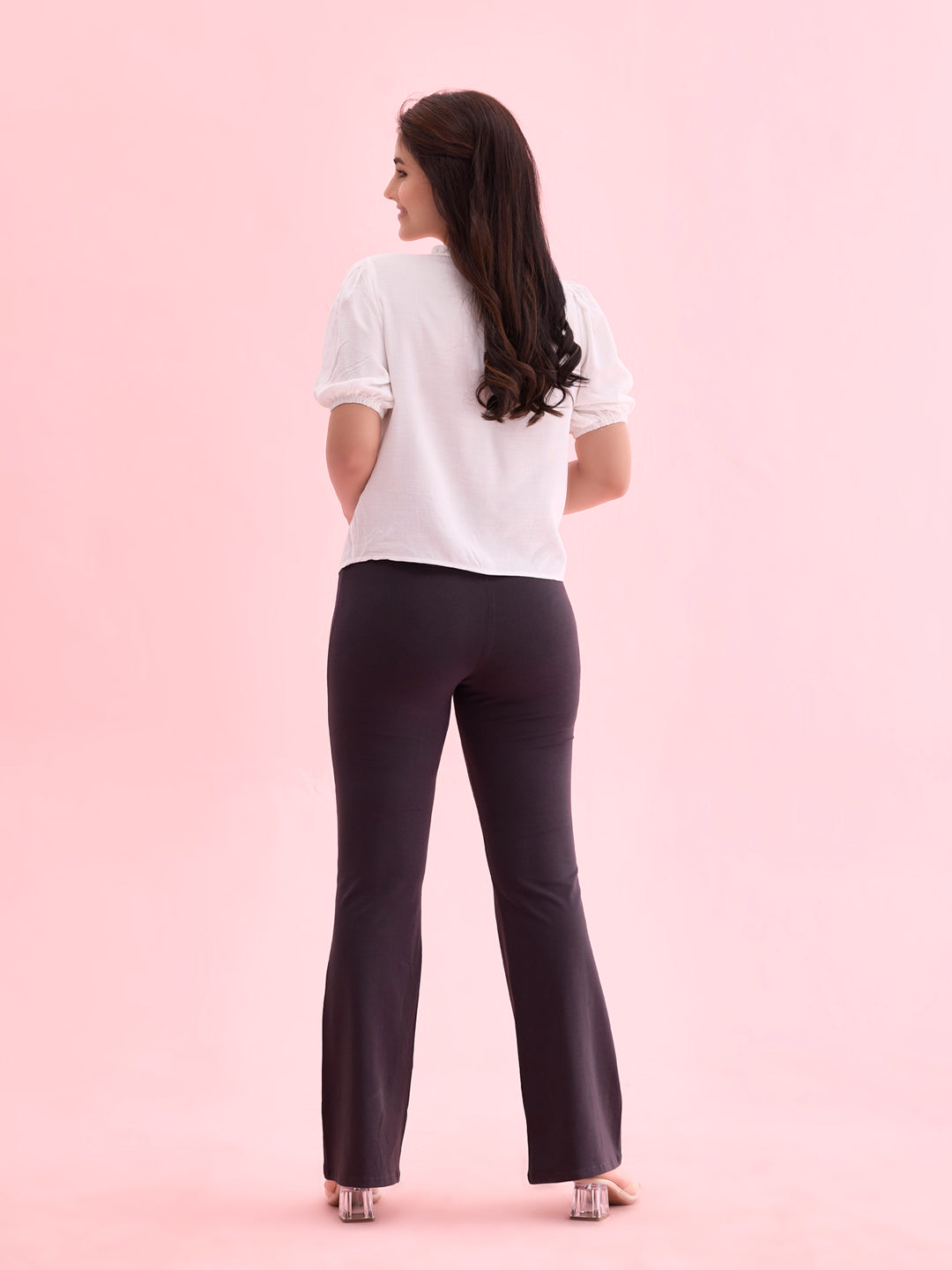 Women Solid Dark Grey High Rise Flare Pants
