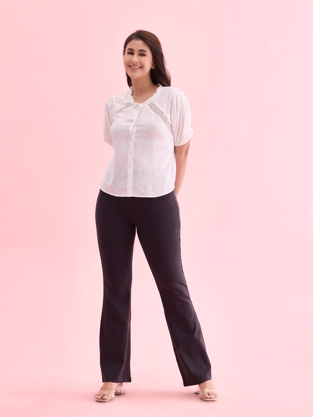 Women Solid Dark Grey High Rise Flare Pants