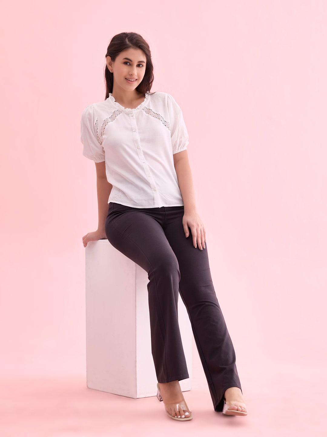 Women Solid Dark Grey High Rise Flare Pants