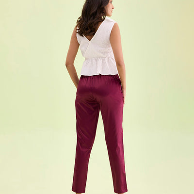Women Solid Mid Rise Dark Wine Shiny Pants