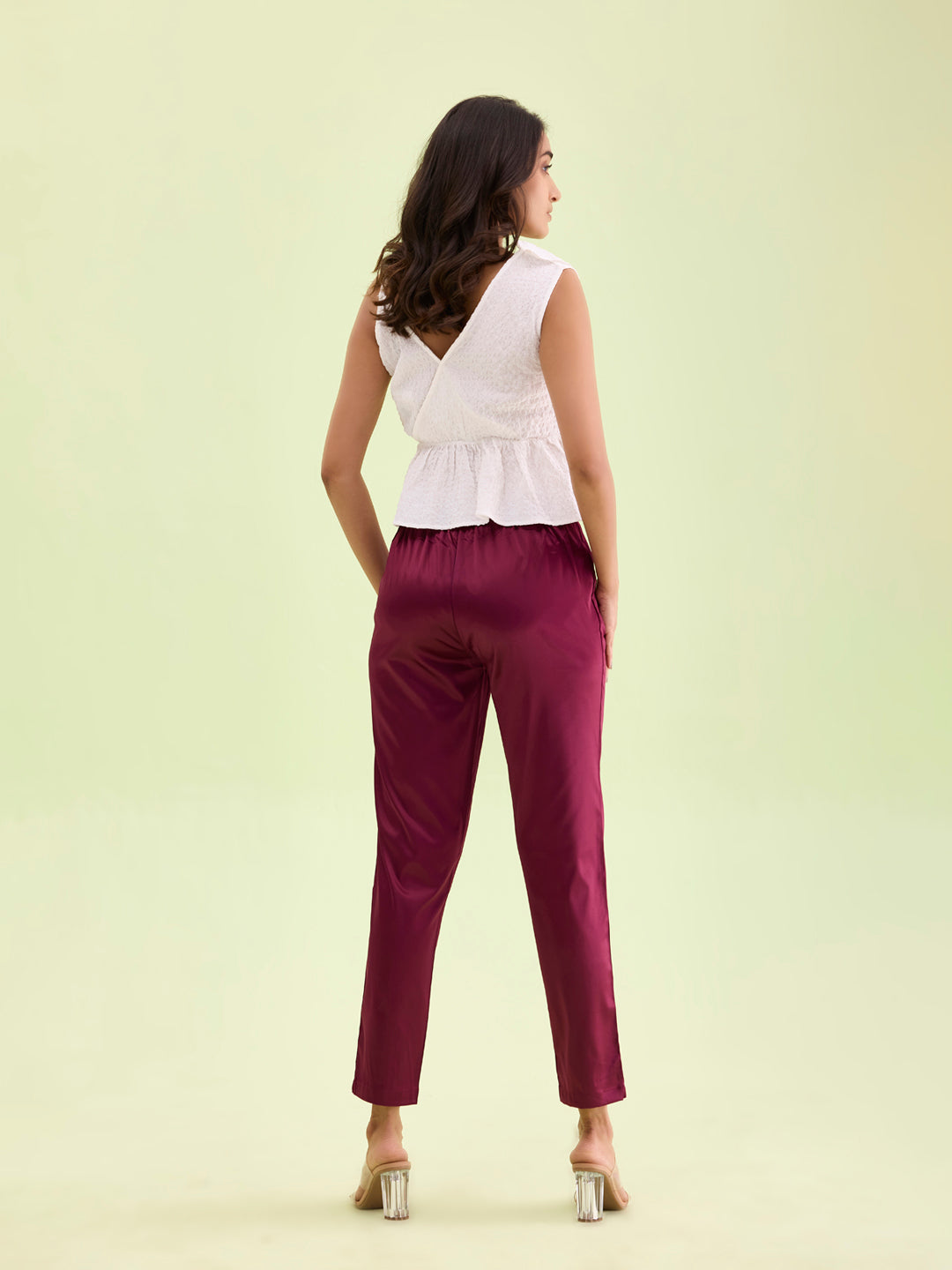 Women Solid Mid Rise Dark Wine Shiny Pants