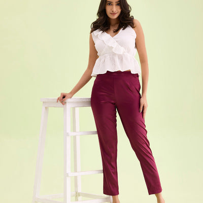 Women Solid Mid Rise Dark Wine Shiny Pants