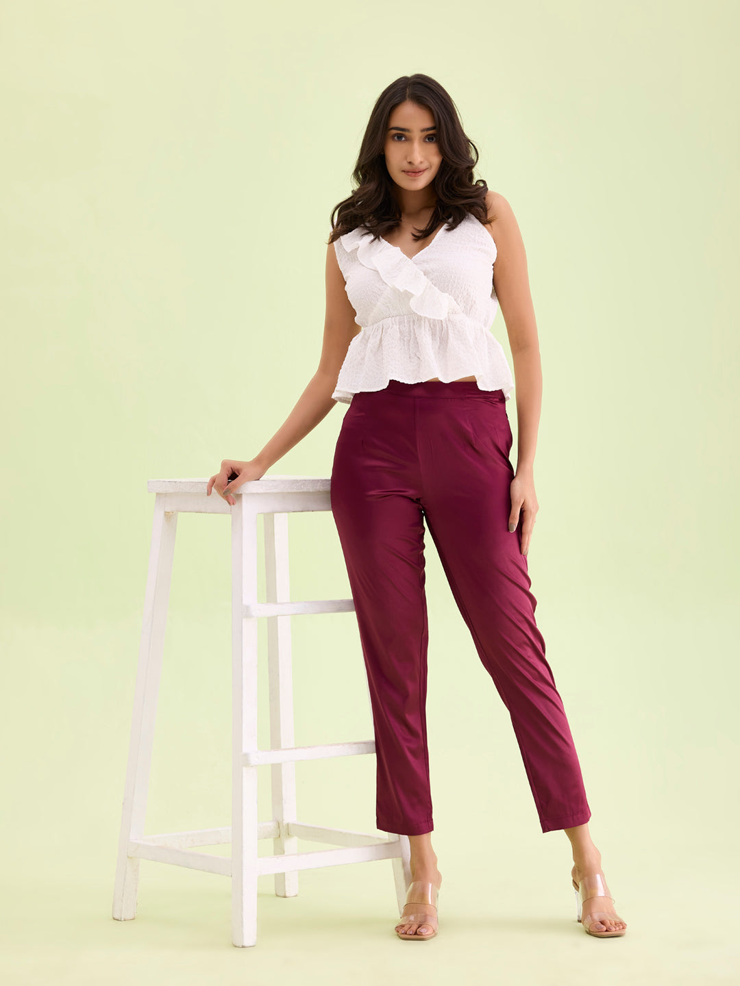 Women Solid Mid Rise Dark Wine Shiny Pants