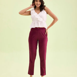 Women Solid Mid Rise Dark Wine Shiny Pants