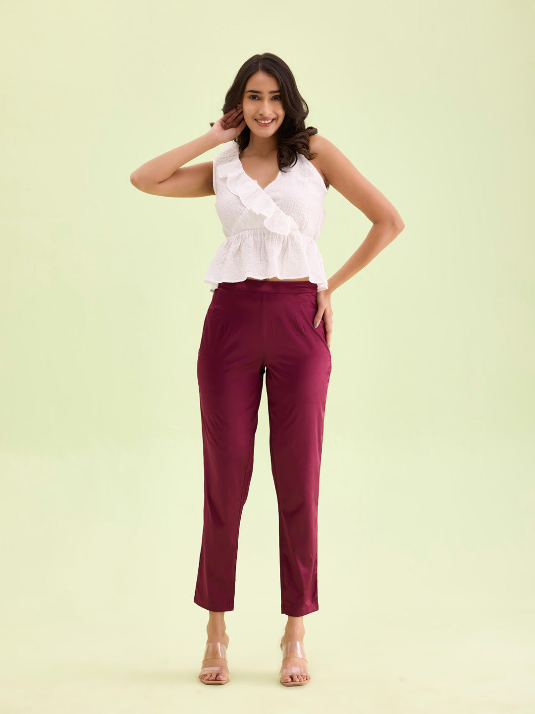 Women Solid Mid Rise Dark Wine Shiny Pants
