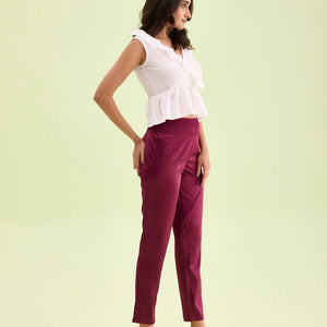 Women Solid Mid Rise Dark Wine Shiny Pants