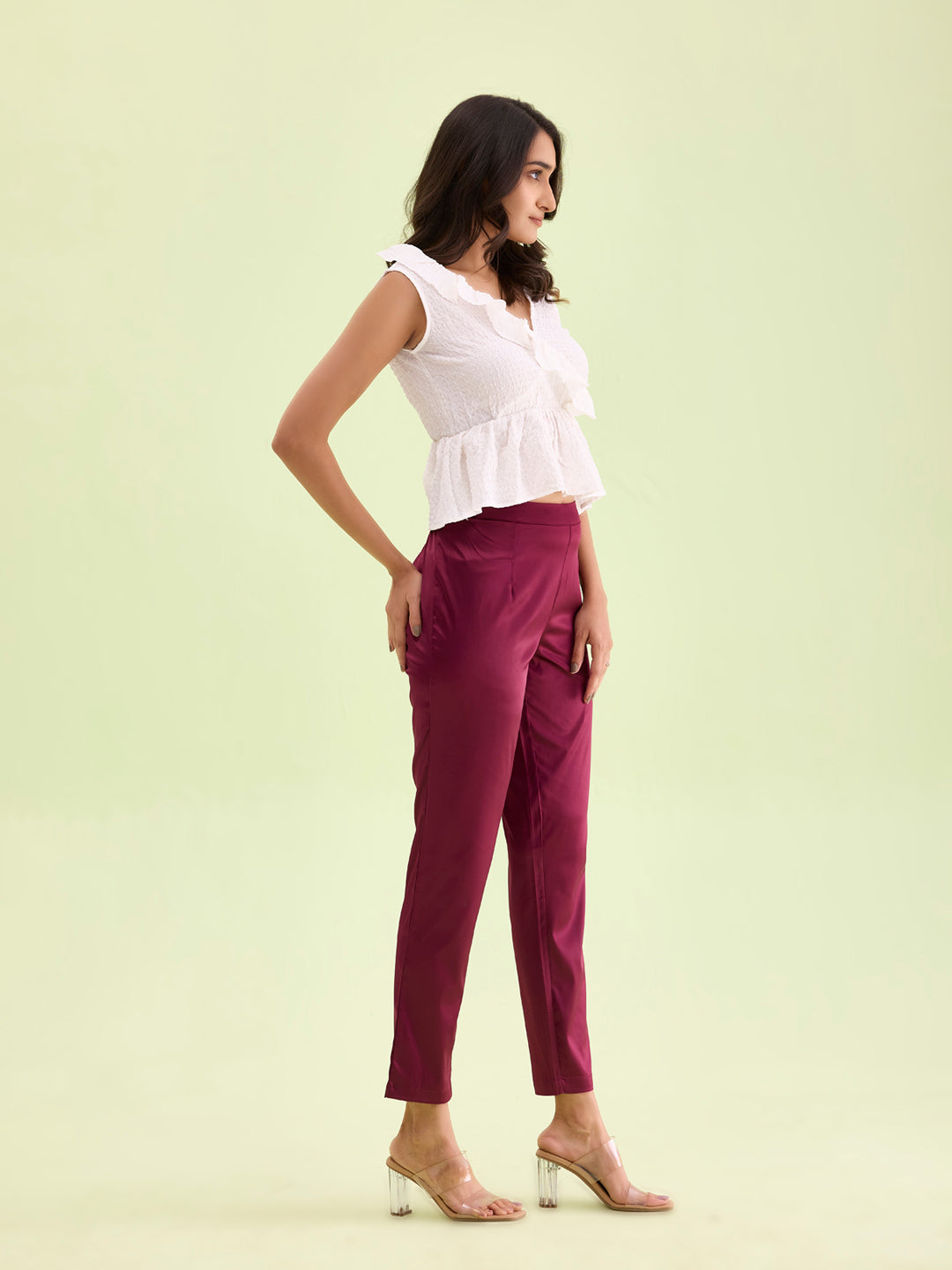 Women Solid Mid Rise Dark Wine Shiny Pants