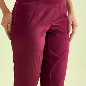 Women Solid Mid Rise Dark Wine Shiny Pants