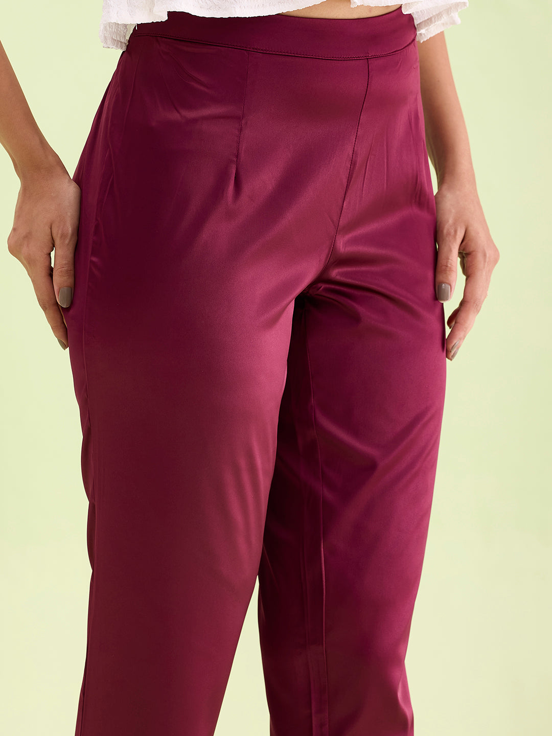 Women Solid Mid Rise Dark Wine Shiny Pants