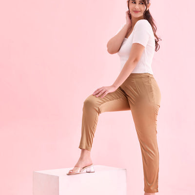 Women Solid Mid Rise Deep Gold Shiny Pants