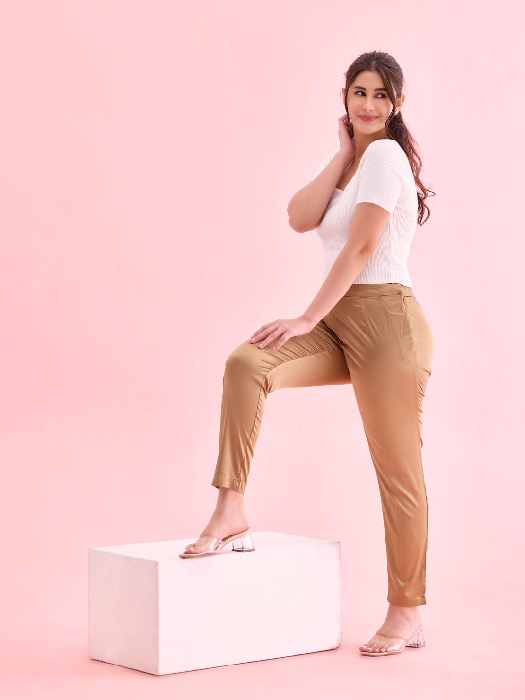 Women Solid Mid Rise Deep Gold Shiny Pants