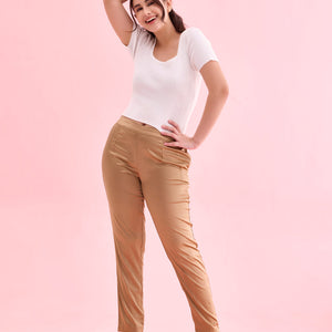 Women Solid Mid Rise Deep Gold Shiny Pants
