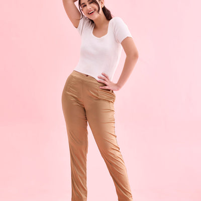 Women Solid Mid Rise Deep Gold Shiny Pants
