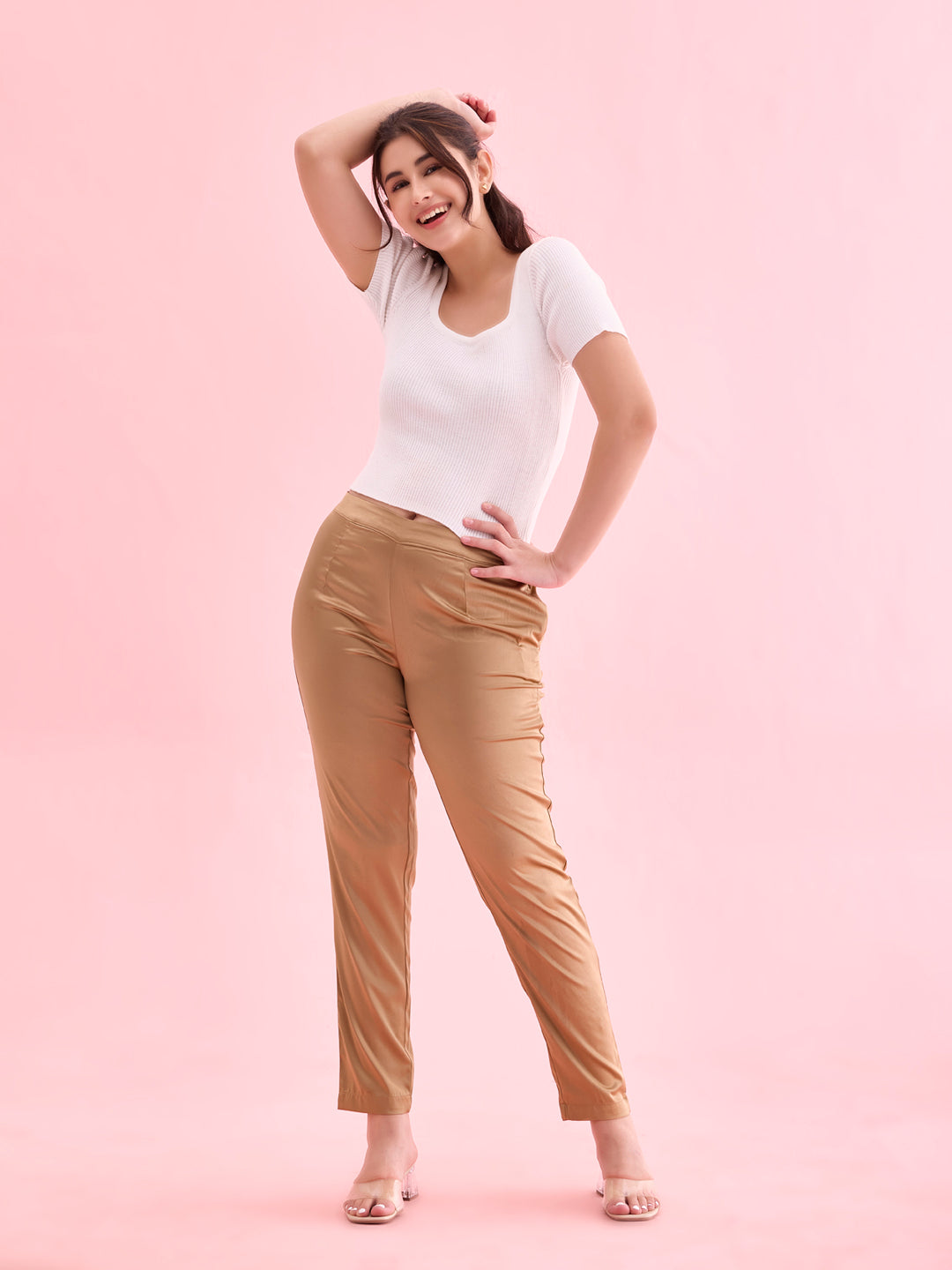 Women Solid Mid Rise Deep Gold Shiny Pants