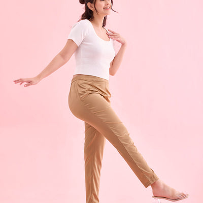 Women Solid Mid Rise Deep Gold Shiny Pants