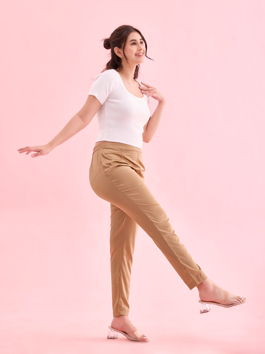 Women Solid Mid Rise Deep Gold Shiny Pants