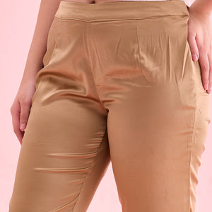 Women Solid Mid Rise Deep Gold Shiny Pants