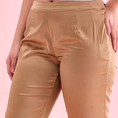 Women Solid Mid Rise Deep Gold Shiny Pants