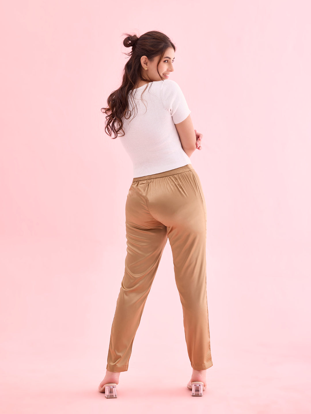 Women Solid Mid Rise Deep Gold Shiny Pants