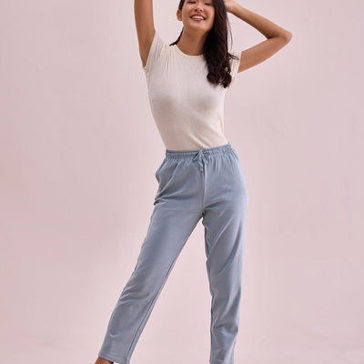 Women Solid Dusty Blue Mid Rise Warm Casual Pants