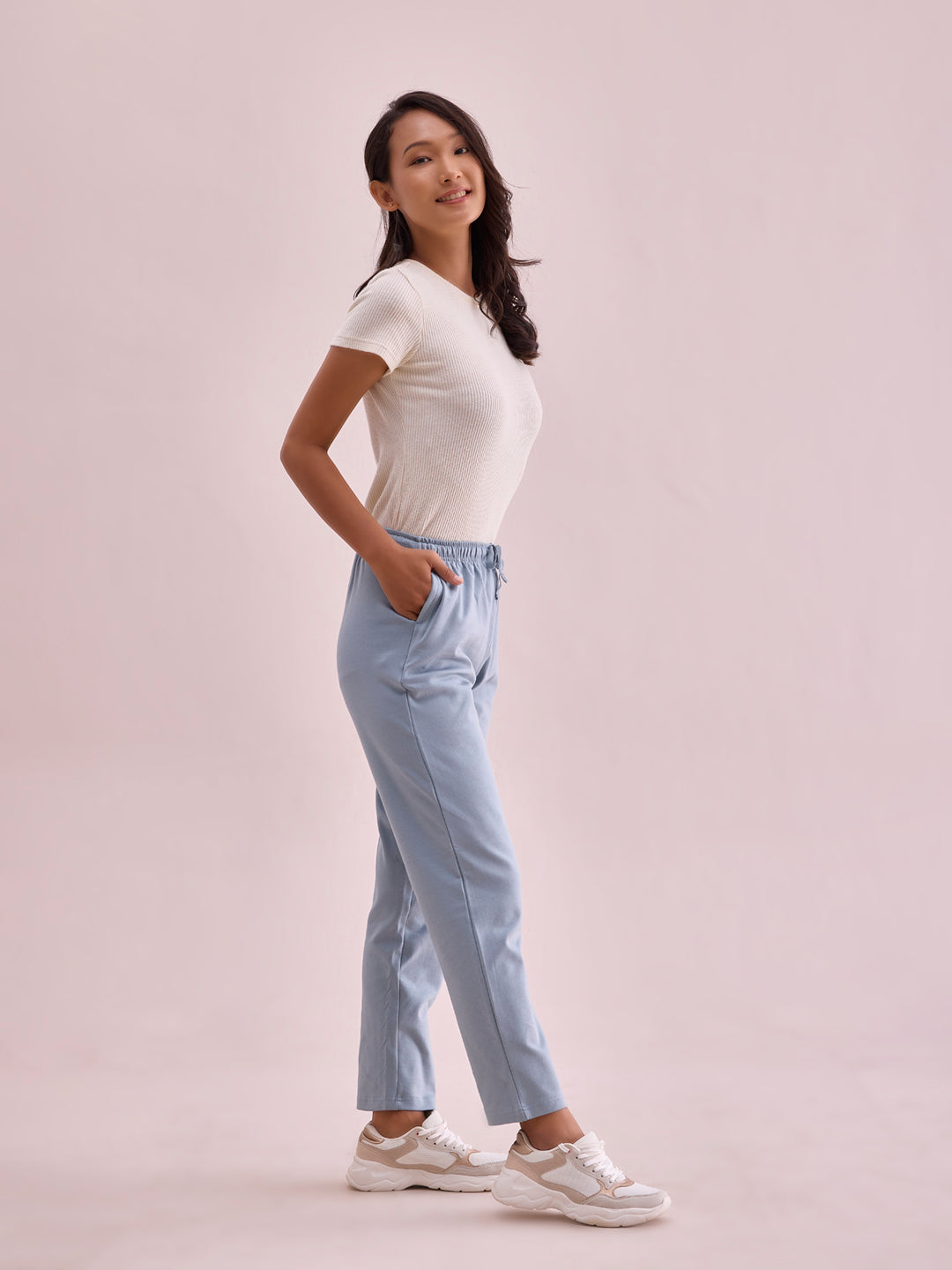 Women Solid Dusty Blue Mid Rise Warm Casual Pants