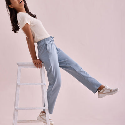 Women Solid Dusty Blue Mid Rise Warm Casual Pants