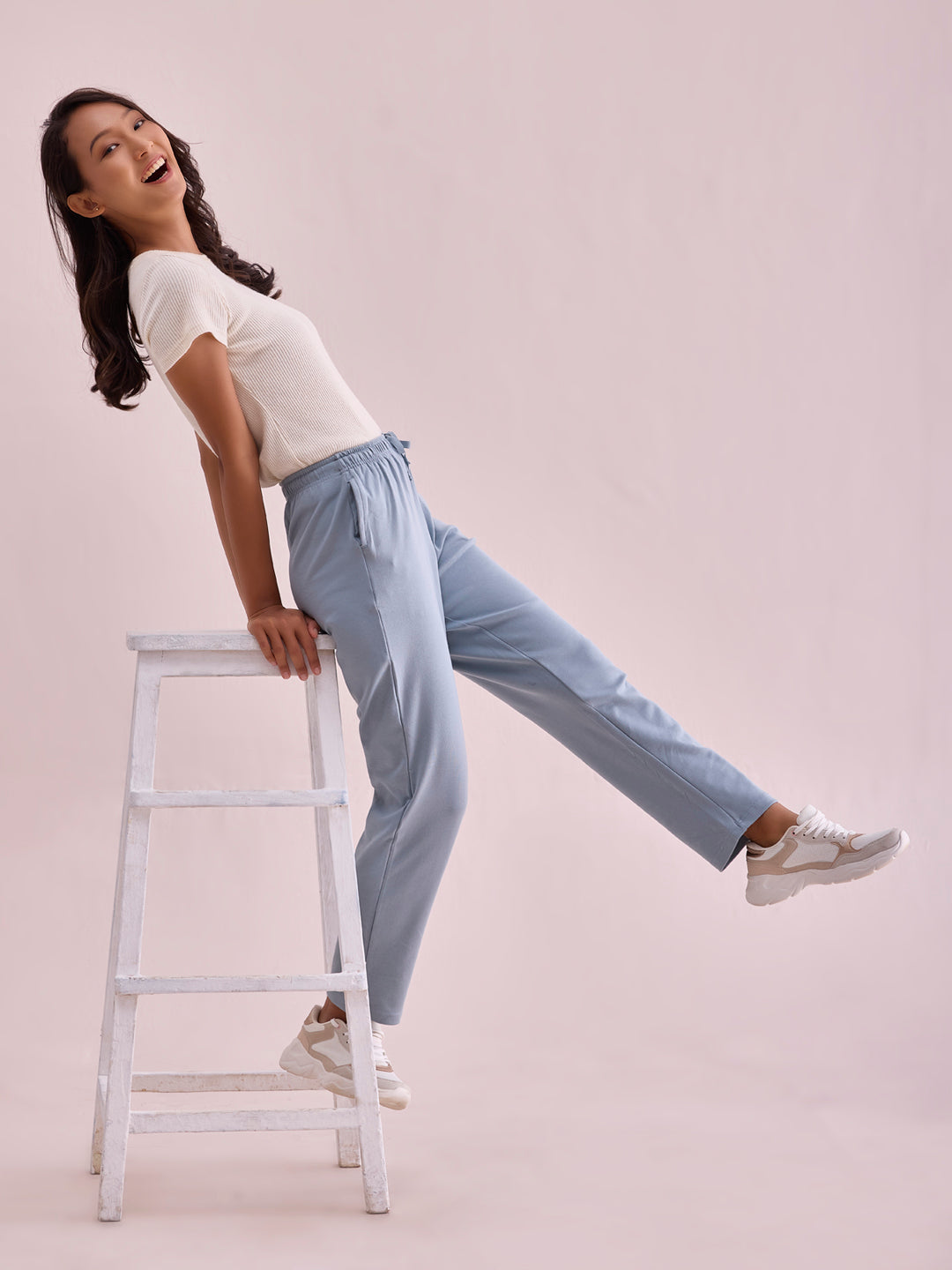Women Solid Dusty Blue Mid Rise Warm Casual Pants