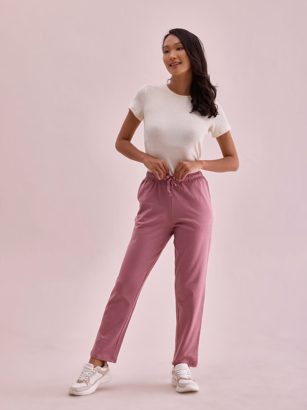 Women Solid Dusty Pink Mid Rise Warm Casual Pants